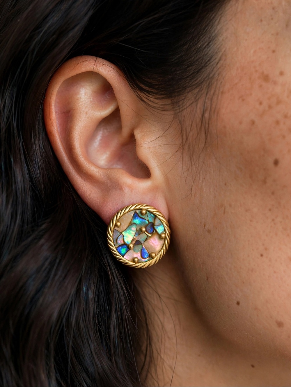New Amimi Abalone Mosaic Studs Earrings Gold Plated S925 E136